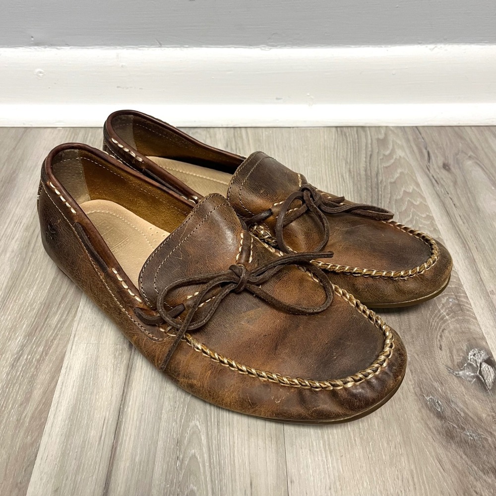 Frye Loafers Men's 11.5 Tan Brown Distressed Leather Lace Up Driver Moccasin